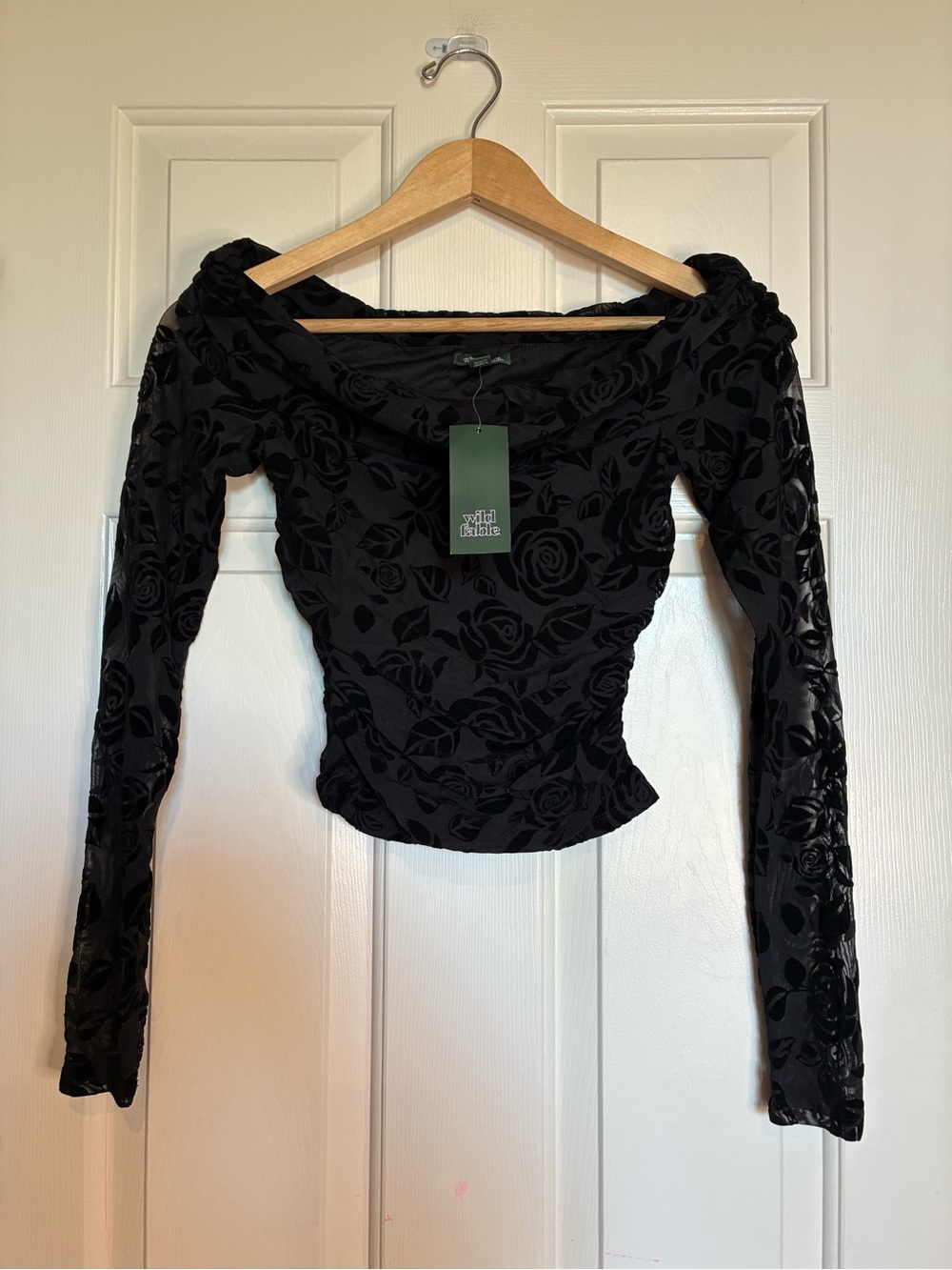 wild fable Black Floral Burnout Off-Shoulder Long Sleeve Top